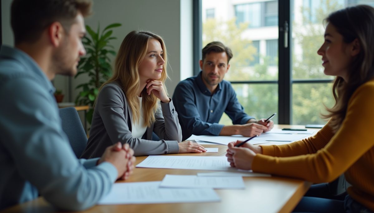 Eye-level view of a creative team discussing video scripts