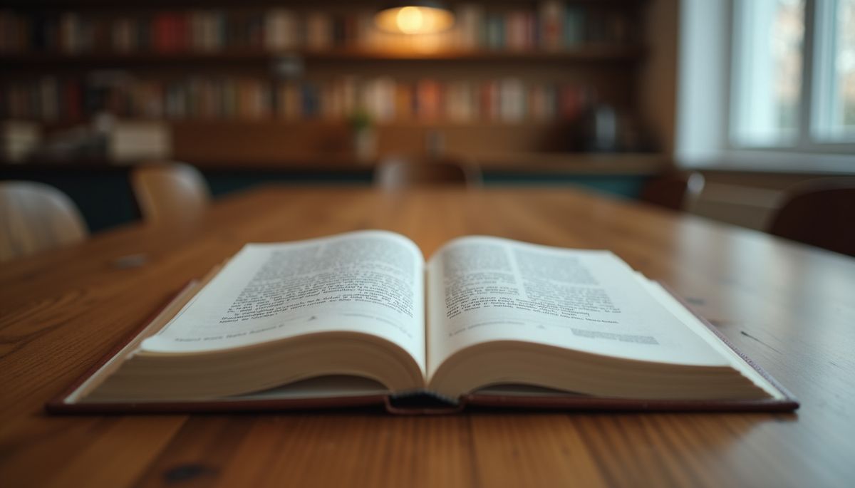 Eye-level view of an open book on a wooden table