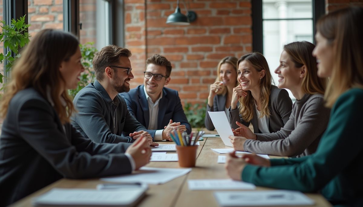 Eye-level view of a diverse group of people discussing ideas