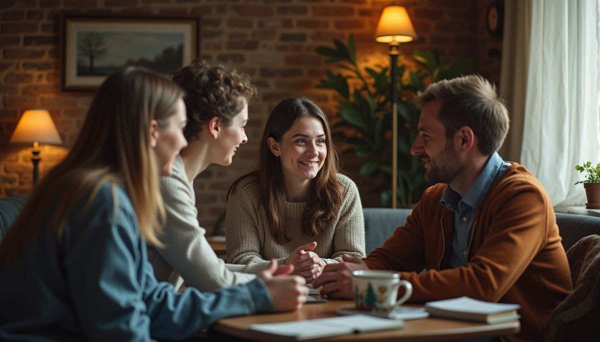 Wide angle view of a group sitting in a cozy space, exchanging stories