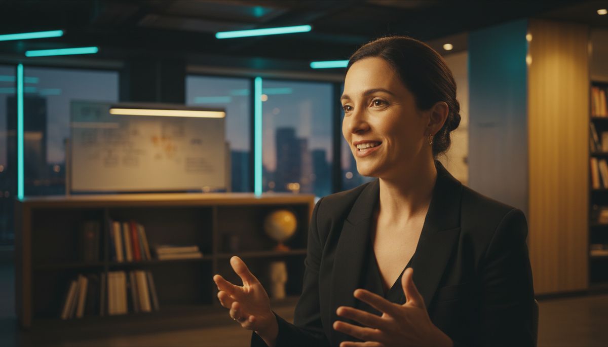 Eye-level view of a founder speaking passionately in a modern office