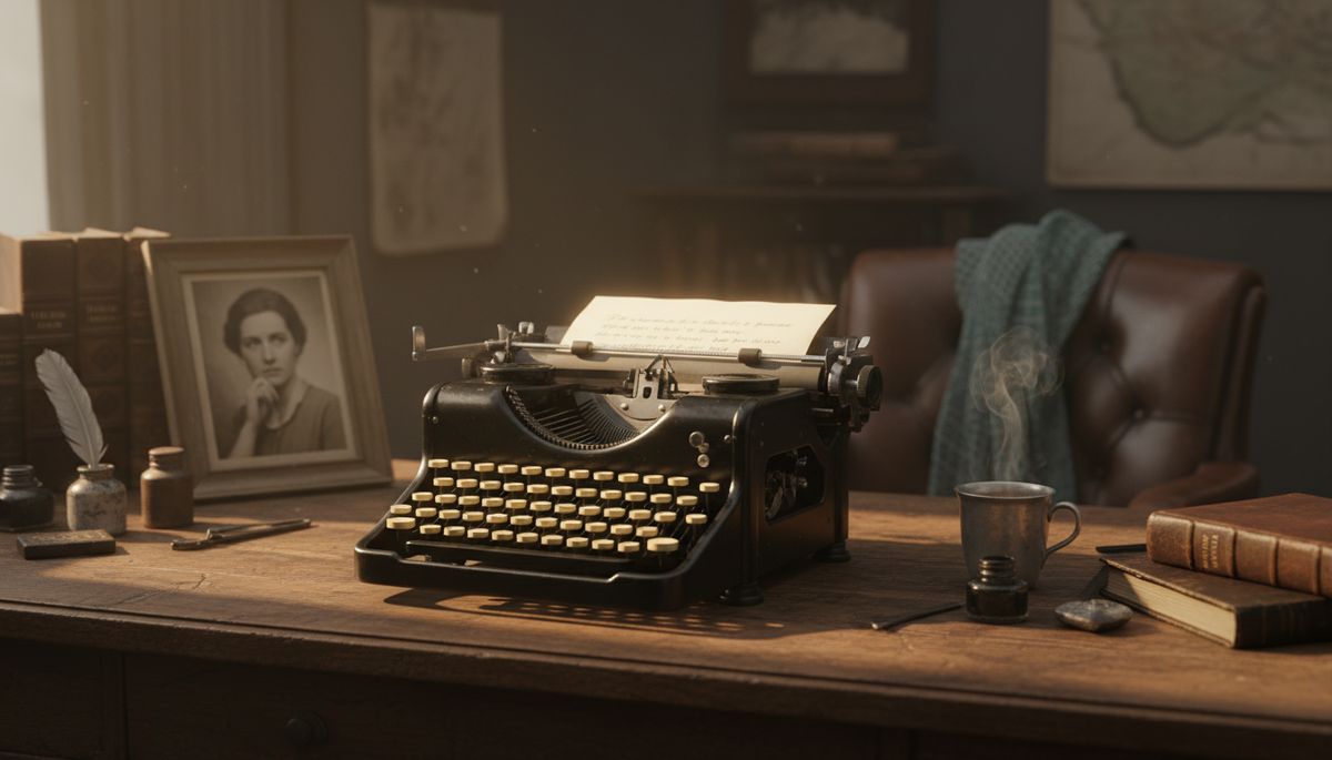 Eye-level view of a vintage typewriter on a wooden desk
