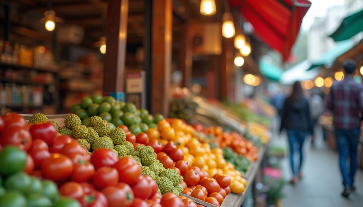 Close-up view of a vibrant local market stall