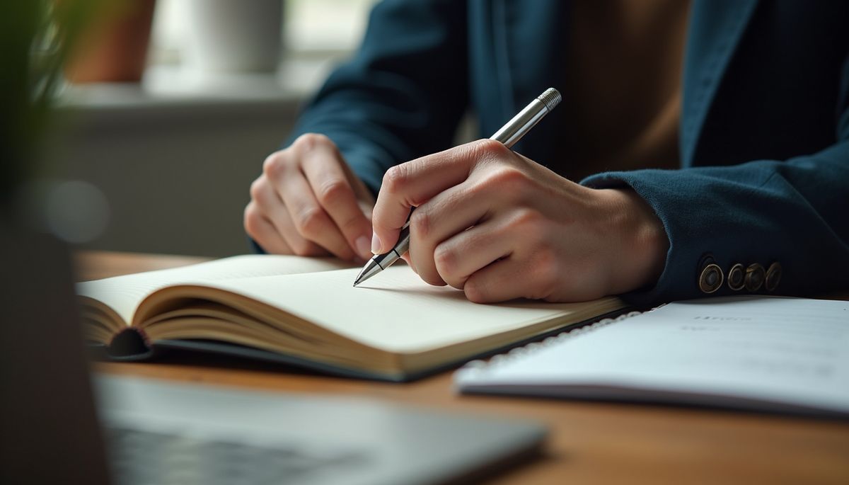 High angle view of a person writing notes in a notebook