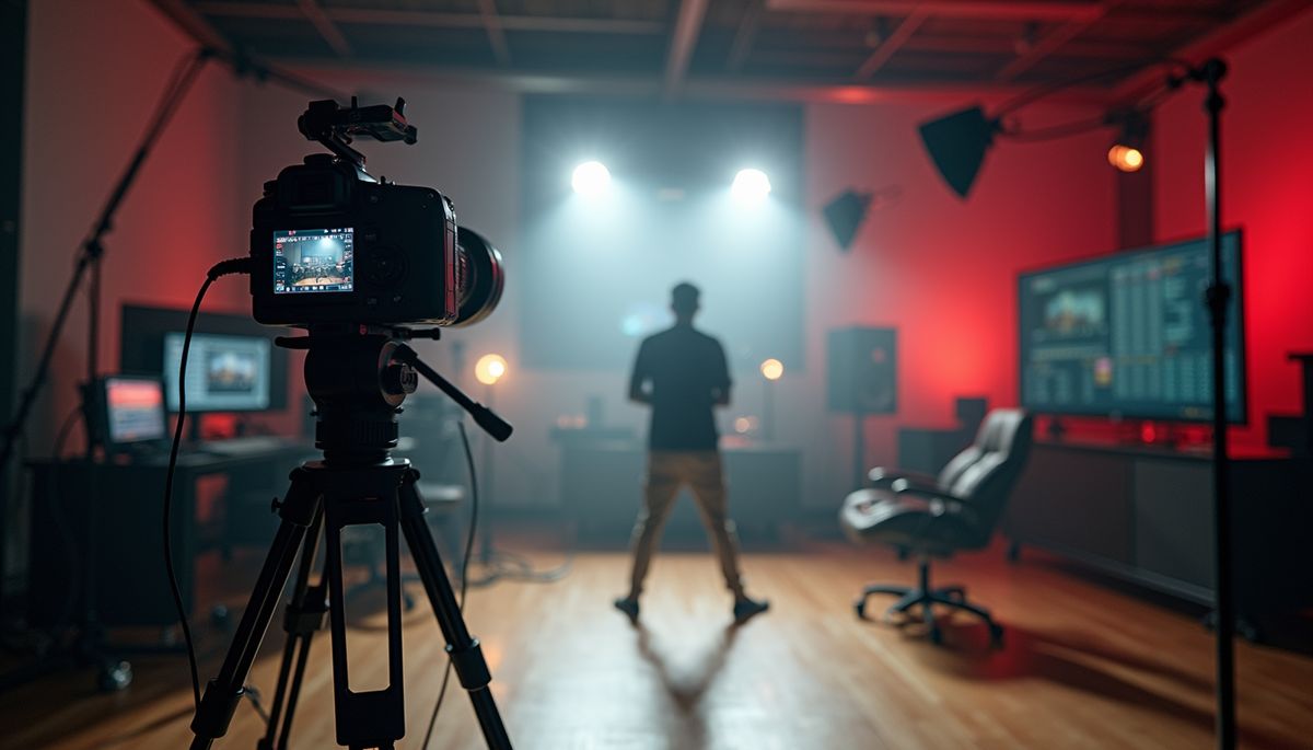 Wide angle view of a video production studio with equipment