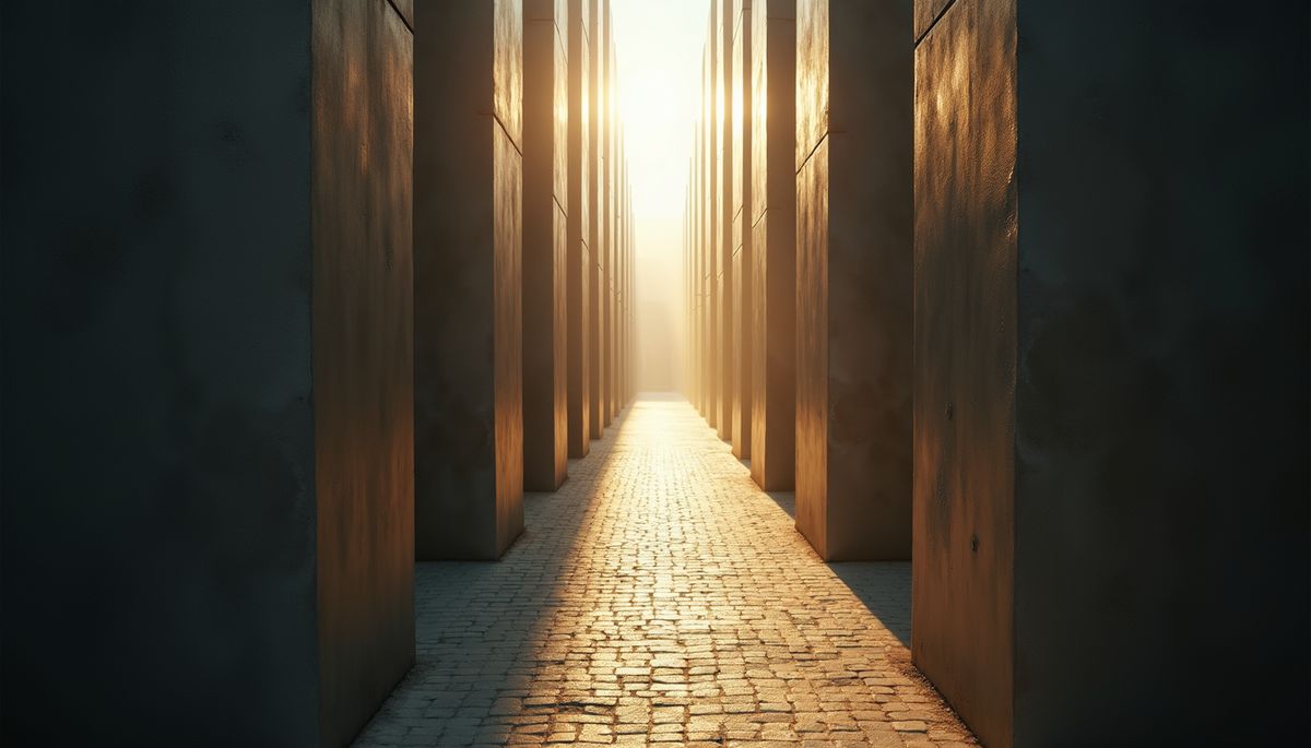 High angle view of a labyrinth path leading to the light
